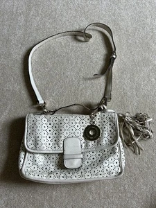 Isaac Mizrahi Perforated Ivory Leather Purse Silver Accents Shoulder Strap - Picture 1 of 16