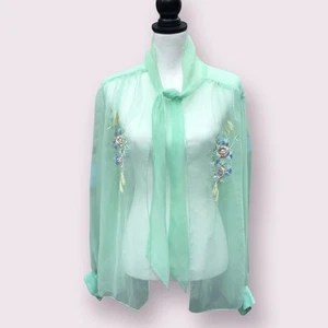 Vintage 1960s Blouse OS Mint Green Sheer Open Front Floral Embroidered Neck Tie - Picture 1 of 4