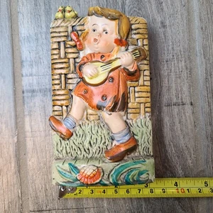 Vintage Keramik Wand Tasche Übertopf Mädchen Kind mit Banjo Made in Japan - Bild 1 von 5