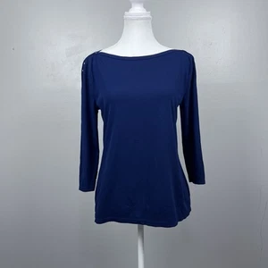 Lauren Ralph Lauren Women's Boat Neck Navy Top with Laced Detail Sleeves Size L - Picture 1 of 12