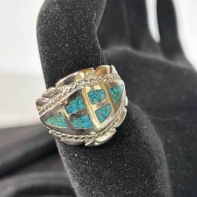 Silver Plated Turquoise Crafted Ring 12.169 Grams Size 11 From An Estate - Image 1 of 4