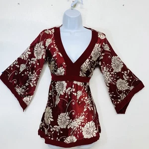JL Babydoll Top Y2K M Asian Floral Print Empire Satin Flare Sleeve Boho USA - Picture 1 of 9