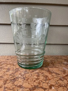 ANTIQUE VICTORIAN ETCED SAILING SHIP VASE, AQUA HANDBLOWN RIBBED VASE, C. 1880 - Picture 1 of 11