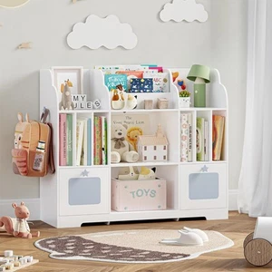 Toy Storage Organizer, 46'' Toy Shelf Bookshelf with White and Blue Bookcase - Picture 1 of 7