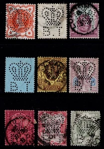 1887 Group of 9 Used Jubilee BOARD OF TRADE Perfins 1/2d - 1/- Mixed Condition - Picture 1 of 2