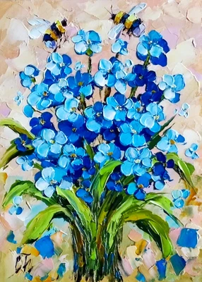 Original Oil Painting Forget-Me-Not Honey Bee Blue Flowers Artwork 7*5 in - Image 1 of 4