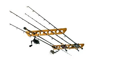 Estante de caña de pescar de pared y techo 9 puntos madera maciza de pino almacenamiento compacto duradero Foto 1 de 4