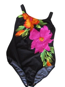 Longitude Womens One-Piece Swimsuit Pink Floral w Black Size 22W Tummy Panel USA - Picture 1 of 14