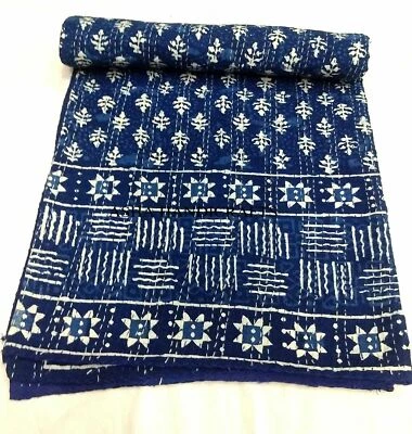 Colcha reversible Indigo indio algodón azul hecha a mano Kantha ropa de cama  Foto 1 de 4