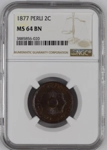 1877 Peru 2 Centavos 2C NGC MS64 BN RARE! TOP POP 1/1 NONE HIGHER Chocolate BN - Picture 1 of 2