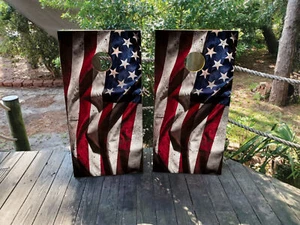 WATERPROOF & FADEPROOF Cornhole Board Wraps /  Waving USA Flag - Picture 1 of 3