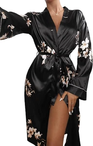 Women'S Floral Print Long Sleeve Satin Long Robe Bridesmaid Wedding Party Robe - Picture 1 of 5