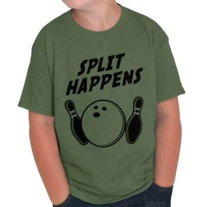 Funny Bowling Pin Humor Split Happens Joke Youth Crewneck T Shirts Boy or Girl - Picture 1 of 20