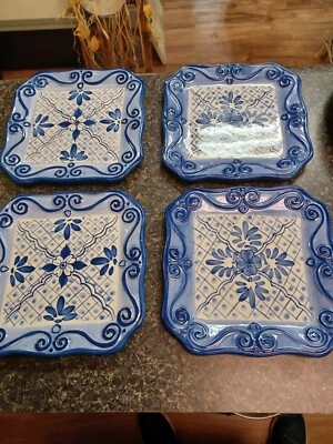 Tabletops Unlimited Lisbon Salad Dessert Plate Hand-Painted Blue White Set 4 - Image 1 of 4