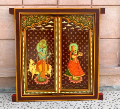 Radha Krishna Hand Painted Wooden Window Religious Hindu Deity Wall Decor Frame - Image 1 of 4