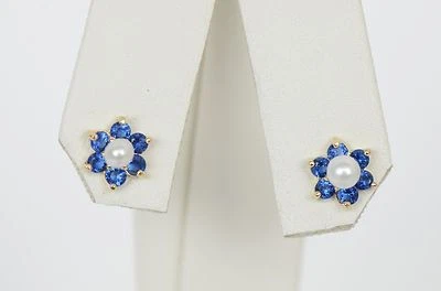 14k Yellow or White Gold Flower CZ Stud Earrings White Pearl with Screw Back - Image 1 of 4