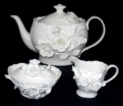 White Rambling Rose Teapot Sugar Bowl & Milk Jug by Robert Gordon MINT Label - image 1 of 4