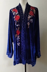 Royal Blue Velvet Long Sleeve Kimono Cardigan Floral Embroidery No Size, Seems M - Picture 1 of 23