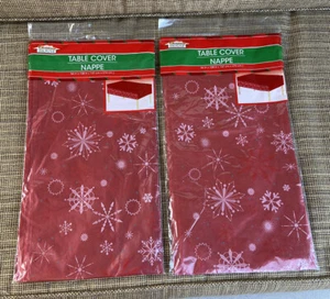 2 Christmas Holiday Table Covers Plastic Tablecloths 54"x108" Red w/ Snowflakes - Picture 1 of 5