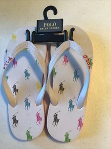 Polo Ralph Lauren Girl's Size 4 5 Flip Flops Pony Print Logo  - Picture 1 of 3