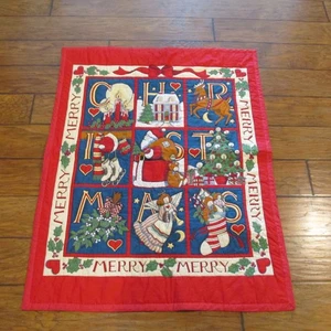 Merry Merry Hand quilted table cover throw Christmas tree bears reindeer 35x45 - Picture 1 of 14