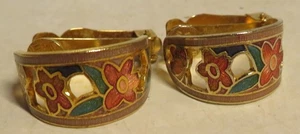 Splendidi orecchini vintage estate tono oro cloisonné clip ad anello toni della terra fiori - Foto 1 di 17