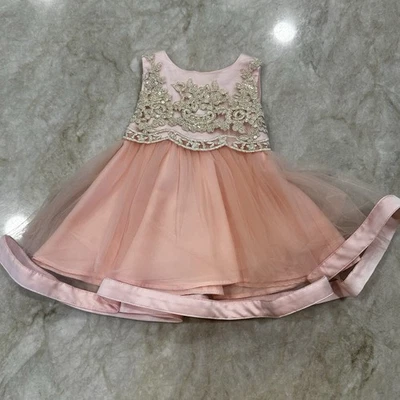 Vestido Bebé Ediciones Raras Formal Elegante Encaje Tul Talla 3-6 Meses Rosa y Dorado Foto 1 de 4