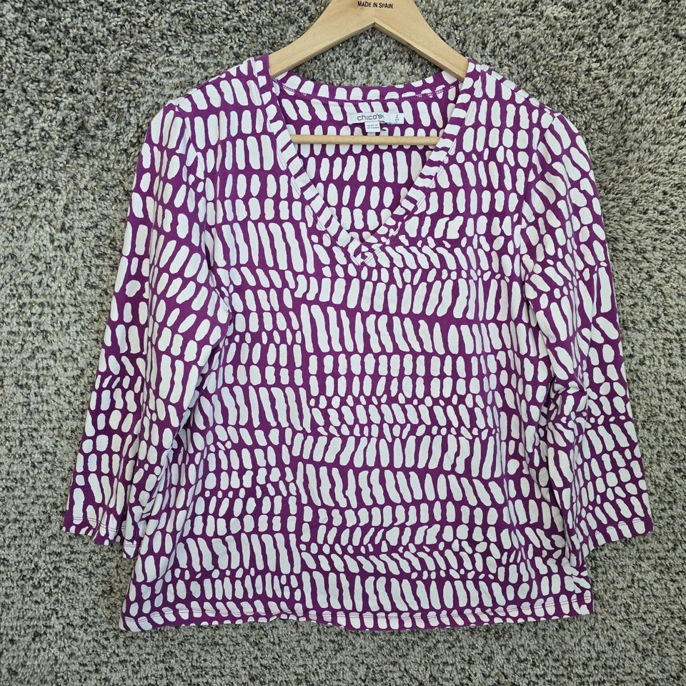 Chicos Top Womens 2 US Large Purple V Neck 3/4 Sleeve Tee Casual Ladies - Image 1 of 4