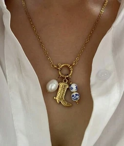 Chico’s Cowboy Boot Necklace Pearl Charm Pendant Gold Flower Ceramic 18k CZ - Picture 1 of 7