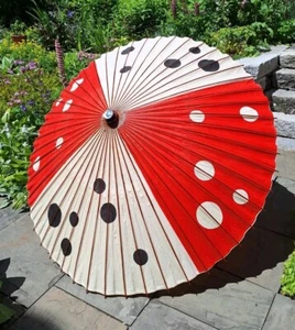 Vintage Japanese Wagasa Polka Dot Paper Umbrella Parasol Red White Black Design - Picture 1 of 18