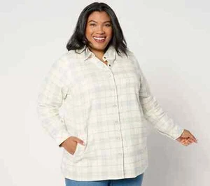 Joan Rivers Cotton Plaid Flannel Snap Front Shirt, Ivory Petite Large A653688 - Picture 1 of 6