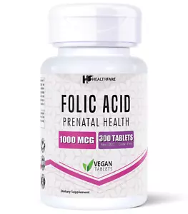 Healthfare Folic Acid 1000mcg 300 Tab Folate Vitamin B9 Water-Soluble Made in US - Picture 1 of 2