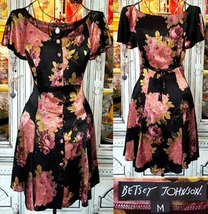 Vintage Betsey Johnson 90s Black Pink Rose Floral Button Front Tea Shift Dress S - Picture 1 of 10