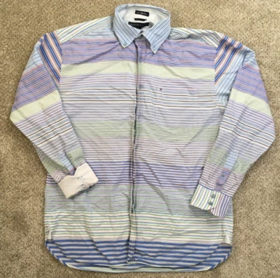 Camisa Tommy Hilfiger Para Hombre Grande Azul Verde Púrpura Rayas Puño Abatible Y2K DE COLECCIÓN Foto 1 de 4