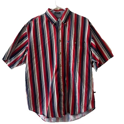 Vintage Bugle Boy Shirt Medium Blue Red Green Striped Short Sleeve Button up - Image 1 of 4