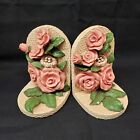 Vtg Bookends Pink Roses With Bird's Nest Felted Bottom 6.25" X 4.25"