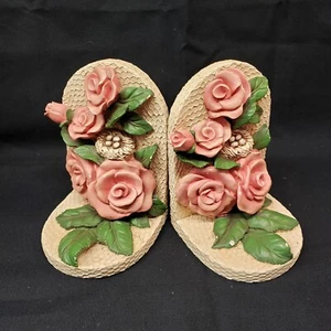 VTG Bookends Pink Roses with Bird's Nest Felted Bottom 6.25" x 4.25" - Picture 1 of 8