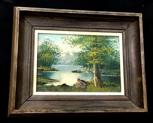 Vintage Old Picture Art Hand Painted Oil Painting Large Trees River Land Escape - Picture 1 of 10
