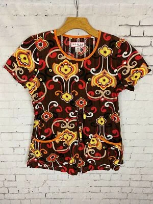 Camisa Médica Koi XS Para Mujer Top Marrón Floral Patrón Retro (C29) Foto 1 de 4