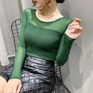 Damen Netz Spleißen Shirt durchsichtig Langarm schmale Basis T-Shirt Tops Unterteil Bluse - Bild 1 von 21