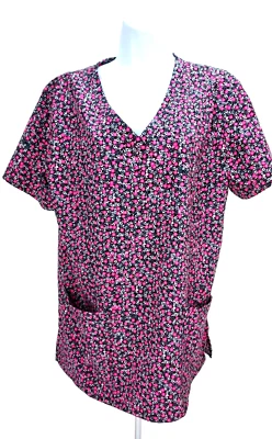 MED COUTURE ACTIVATEWomans Scrub Sz XL Black With Pink and White V Neck Short Sl - Image 1 of 4