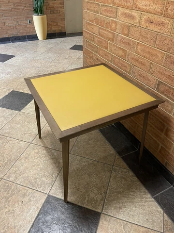 Vintage Walnut and Mustard Yellow Vinyl Stakmore Folding Card Table Cover