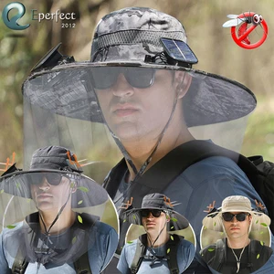 Outdoor Fishing Wide Brim Sun Hat with 2 Solar Fan Men Women Summer Bucket Hats - Picture 1 of 15