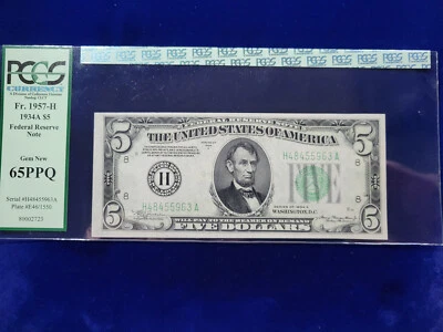 🌟  1934-A $5 Five St.Louis Missouri Fr-1957-H PCGS 65 PPQ EPQ Gem Uncirculated - Image 1 of 3