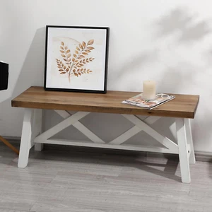 43 Farmhouse Wood Bench Rustic Solid Wood Entryway Dining Living Hallway White - Picture 1 of 12