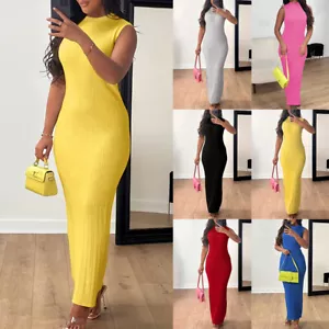 Womens Pullover Round Neck Sleeveless Knit Bodycon Maxi Long Dress Party Gowns - Picture 1 of 21