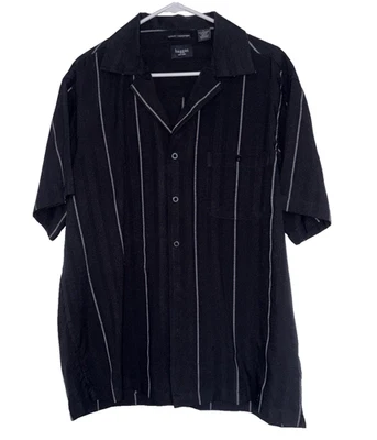 Haggar Striped Black & White Linen Blend Button Down Short Sleeve Shirt Sz LG - Image 1 of 4