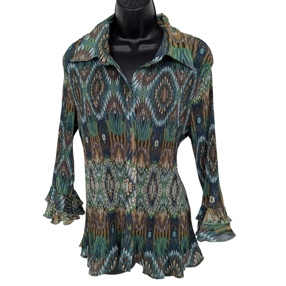 Top Essential by Milano Plisado con Botones Talla XL Pavo Real Boho Y2K Manga Campana Foto 1 de 4