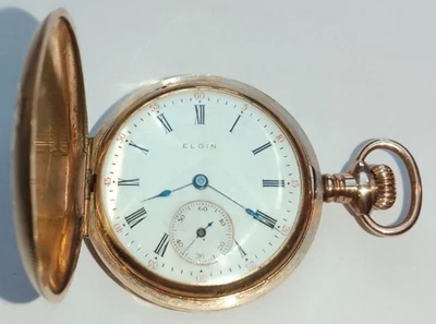 Reloj Bolsillo Hunter ELGIN Oro Laminado 14ct Antiguo Llavero 1910 7J 0s Gran Estuche Foto 1 de 4