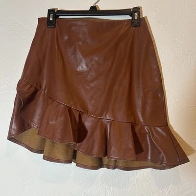 SHEIN Brown Faux Leather Mini Skirt M Ruffle Hem Asymmetrical Fall Party Chic - Image 1 of 4
